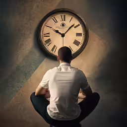 a man sitting in front of a clock