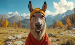 a brown dog with a yellow hat and sweater