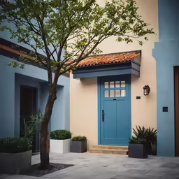 a blue door on a building with some planters
