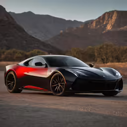 an artistic black and red sports car in front of mountains