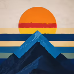 there is an abstract painting with mountains on the side