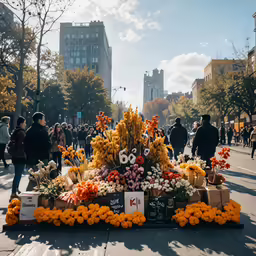 a market stand on a city street with lots of flowers