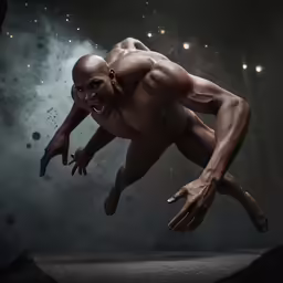 an alien man in mid air with his head above his knees