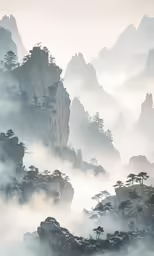 many trees on the side of a mountain surrounded by fog