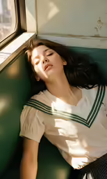 a woman is laying down in the back of a vehicle