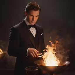 a man wearing a suit with a bow tie stirring a bowl on fire