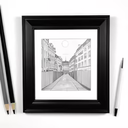a framed print with an ink sketch of a street