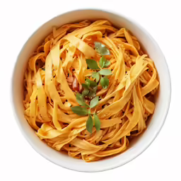 pasta with a sprig of olive is in a white bowl