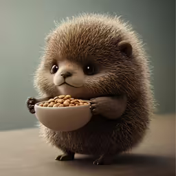 a raccoon eating out of a bowl with nuts on it