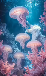a person sitting underneath water with lots of jellyfish