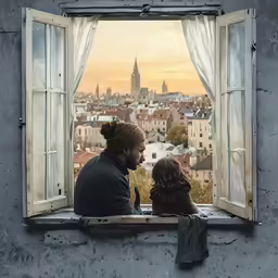 a woman and a child looking out of a window