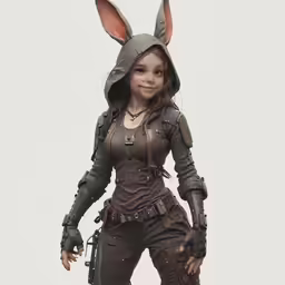 a bunny girl in brown and orange is wearing a helmet and an automatic rifle