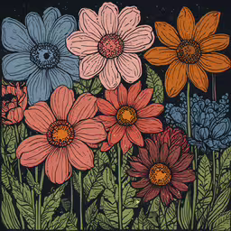 a painting of multi colored flowers in the night,a painting of flowers that looks like it has been made to look like something