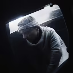man with gray hoodie and scarf on in bus looking down