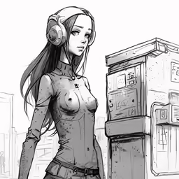 a drawing of a woman in headphones standing by an icebox