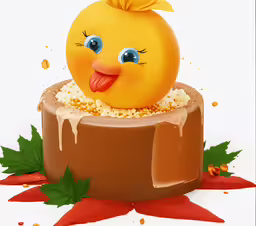 a cake with a piece of fruit on top,a piece of art featuring a bird sticking out its tongue