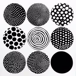 nine black and white circles drawn in squares,a paper with a circular pattern on it