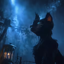 a creature with glowing eyes is in front of a lantern