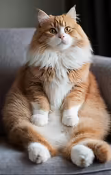 an orange and white cat is laying on a grey chair