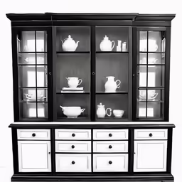 black and white photograph of china cabinet with glass doors