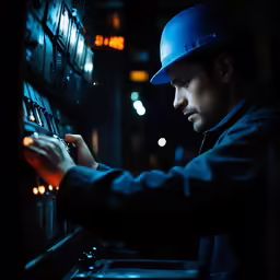 a man adjusting control panel at night with his hat on