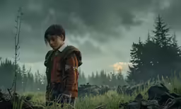 a child in a red coat is standing in a field with rocks