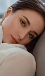 a woman sitting on the arm of a couch with her eyes closed