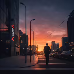 a man walking down the road with cars in the background