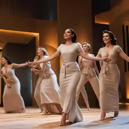 four women with their arms outstretched in the air while they perform