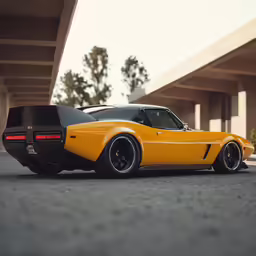 the bright yellow sports car is parked next to some concrete buildings