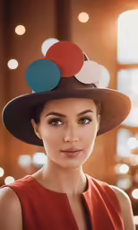 woman wearing a hat with different colors of buttons