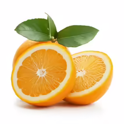 two oranges cut in half and topped with a green leaf