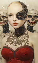 an art work showing a woman with various face masks