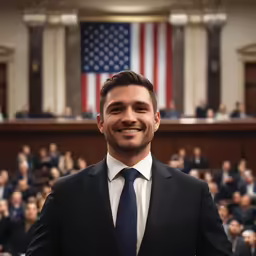 a man smiles as he stands in front of a room of people