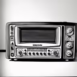 a microwave sits on a shelf against a white wall