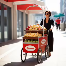 a woman pushing a cart full of fruit