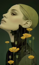 an artwork of a woman looking down at a field with yellow flowers