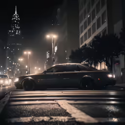 two vehicles driving down a wet street at night