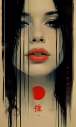 a woman with red lips and dark hair has the words blood on it