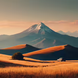 a truck is on a field and some mountains are in the background,an orange field in front of a large mountain