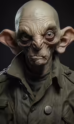 an old man with two large red eyes in military green clothes