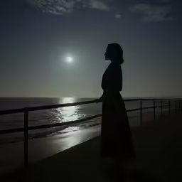 silhouette of woman at pier overlooking ocean in early evening