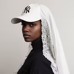 a woman wearing a new york yankees cap