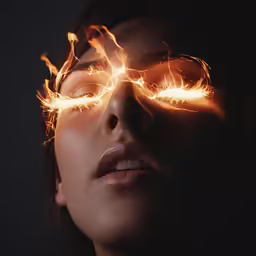 a woman with a pair of glasses on and lit by fire