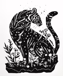 a black and white drawing of a cat on the ground,a tiger is sitting on top of a bush