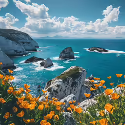 yellow flowers bloom on the coastline of an island