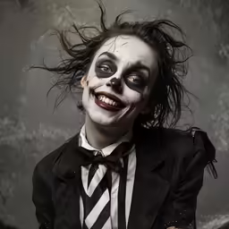 a woman wearing a creepy outfit and holding a knife