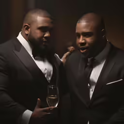 two men dressed in black suits and ties stand next to each other