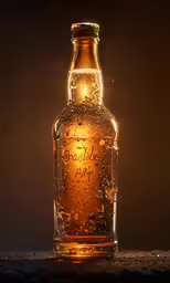 a bottle of alcohol with water droplets floating around