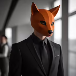 a man wearing an orange mask with a black suit